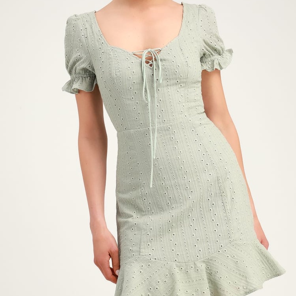 Lulus Rapunzel Sage Green Eyelet Lace Mini Dress